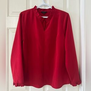 Banana Republic Red Ruffle Neck Blouse V-Notch Long Sleeve Silky Top